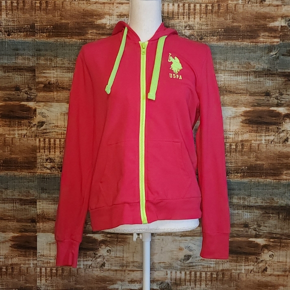 U.S. Polo Assn. Tops - U.S. Polo Assn. Pink neon green zip up hoodie  XXL